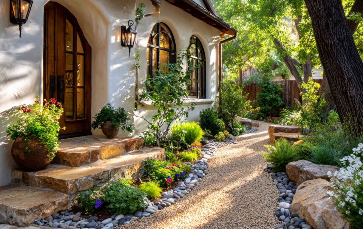 Stone pathway and garden entrance with cottage landscaping in Paradise, NV